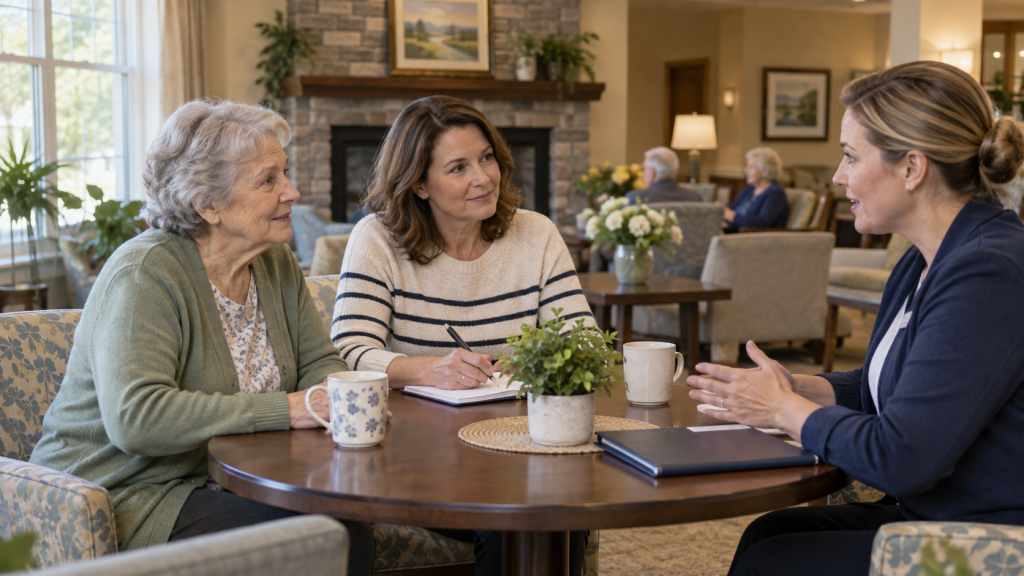 Illustration of an older woman and her daughter asking questions during a nursing home visit