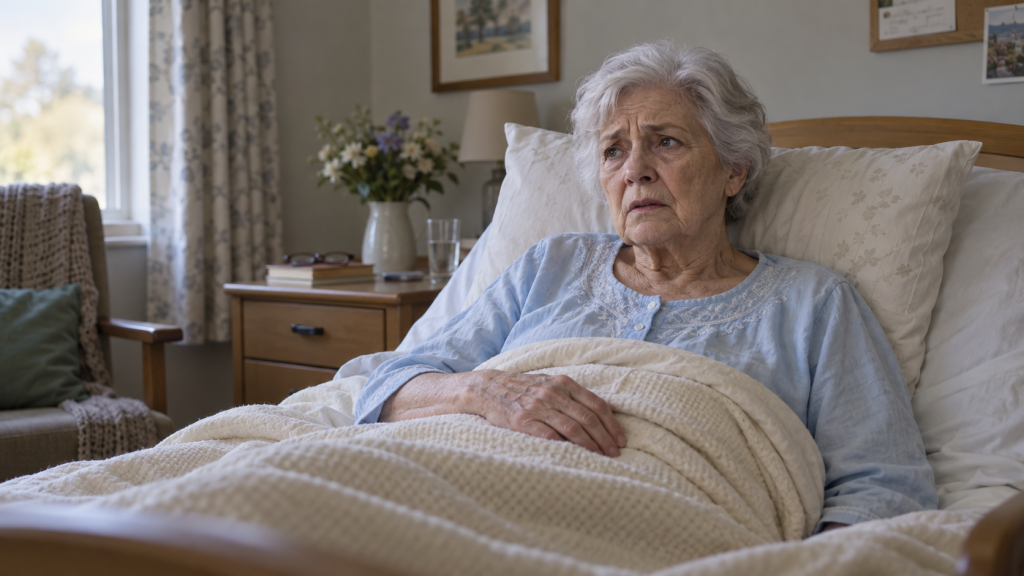 Illustration of an elderly woman appearing distressed in a nursing home bed