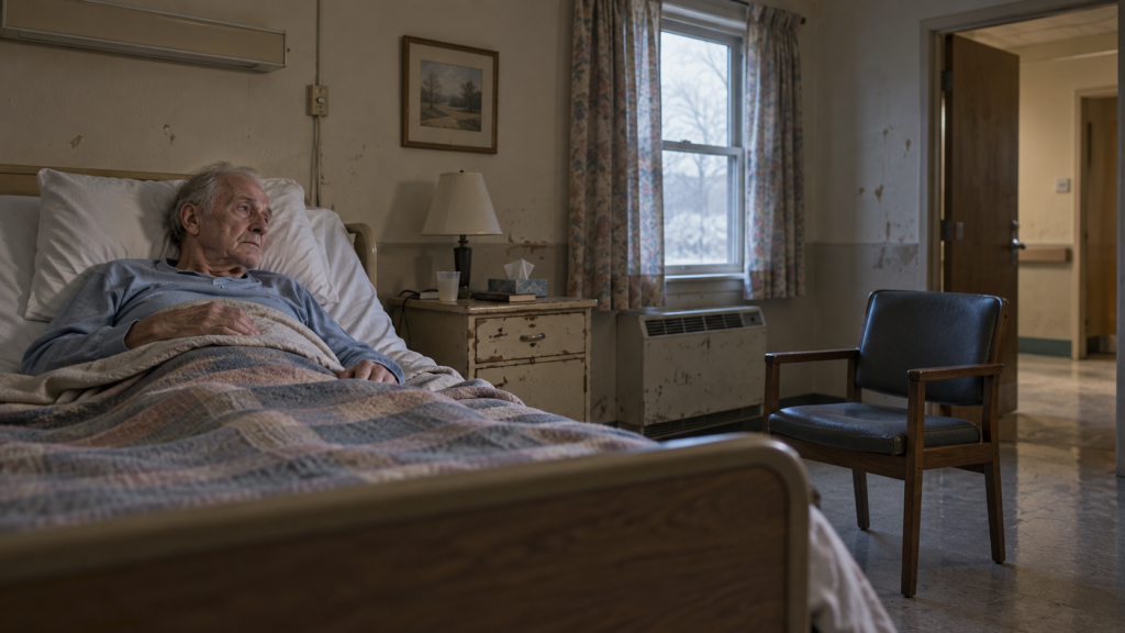Illustration of an elderly resident lying alone in a worn nursing home room